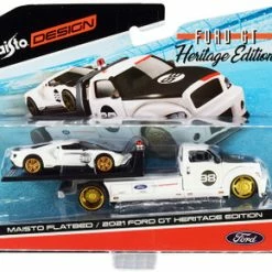 ModelToyCars 2021 Ford GT #98 Heritage Edition With Flatbed Truck, White - Maisto 15108-21A - 1/64 Diecast Car