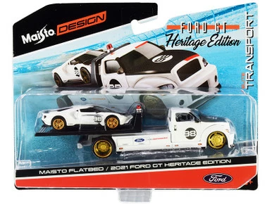 ModelToyCars 2021 Ford GT #98 Heritage Edition With Flatbed Truck, White - Maisto 15108-21A - 1/64 Diecast Car 3 ModelToyCars 2021 Ford GT #98 Heritage Edition With Flatbed Truck, White - Maisto 15108-21A - 1/64 Diecast Car