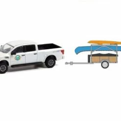 2019 Nissan Titan XD Pro-4X "Whitewater Canoe Rental” With Canoe Trailer With Canoe Rack, Canoe And Kayak, White - Greenlight 32230A/24 - 1/64 Scale Diecast Model Toy Car