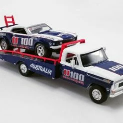 ModelToyCars 1969 Ford Mustang Trans Am #U100 And Allan Moffat Racing U100 Ford F-350 Ramp Truck, Blue And White - Greenlight 51342 - 1/64 Scale Diecast Model Toy Car